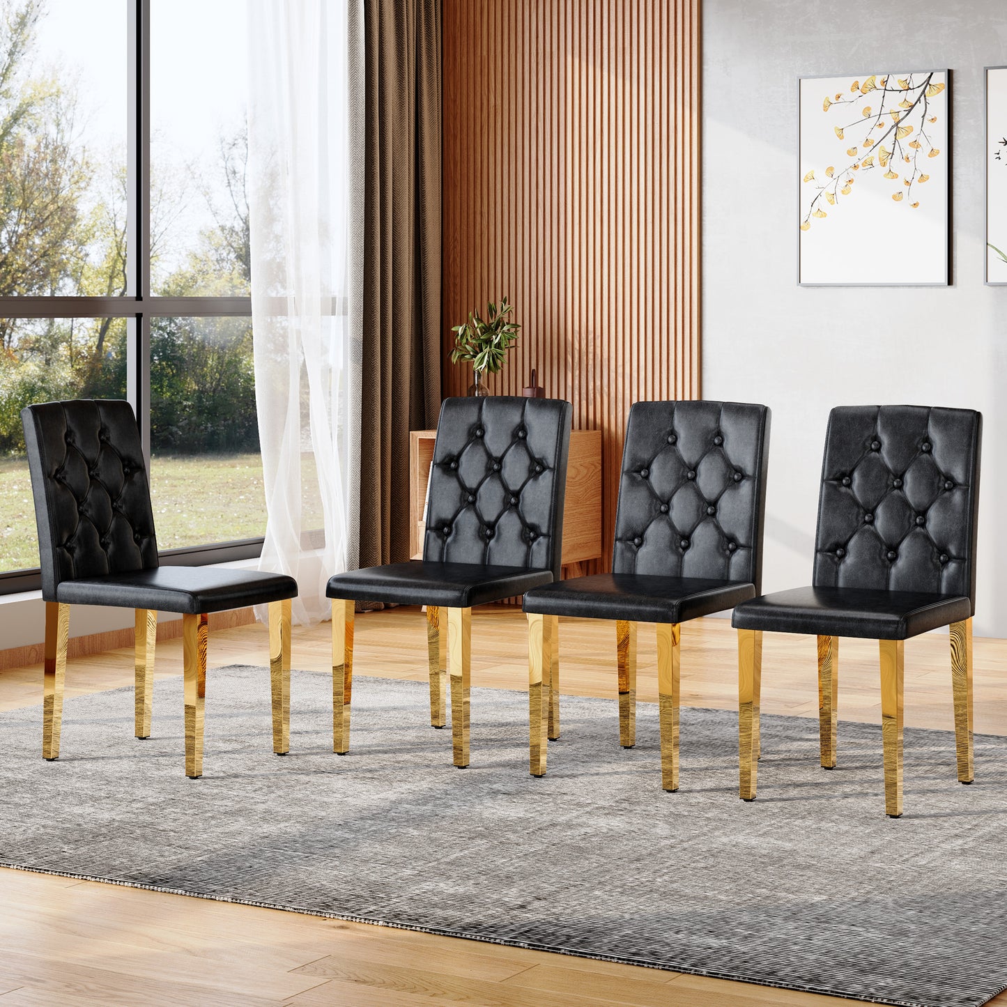 4-pack Black PU Dining Chairs Ergonomic Buckle Backrest, 35 Inches High, Golden Metal Legs,Combines Comfort And Texture.Perfectly Suitable For Family Dining Rooms, Hotel Banquet Halls,etc.W1151P29570