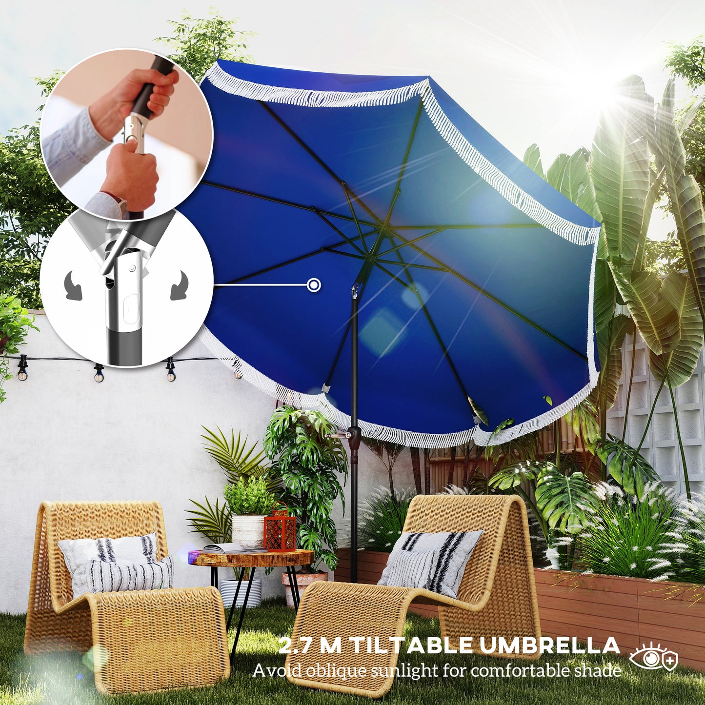 9FT Patio Umbrella, UPF 30+ Outdoor Market Umbrella With Crank, 8 Ribs, Push Button Tilt, Vented Patio Table Umbrella For Deck Backyard Lawn, Navy Blue