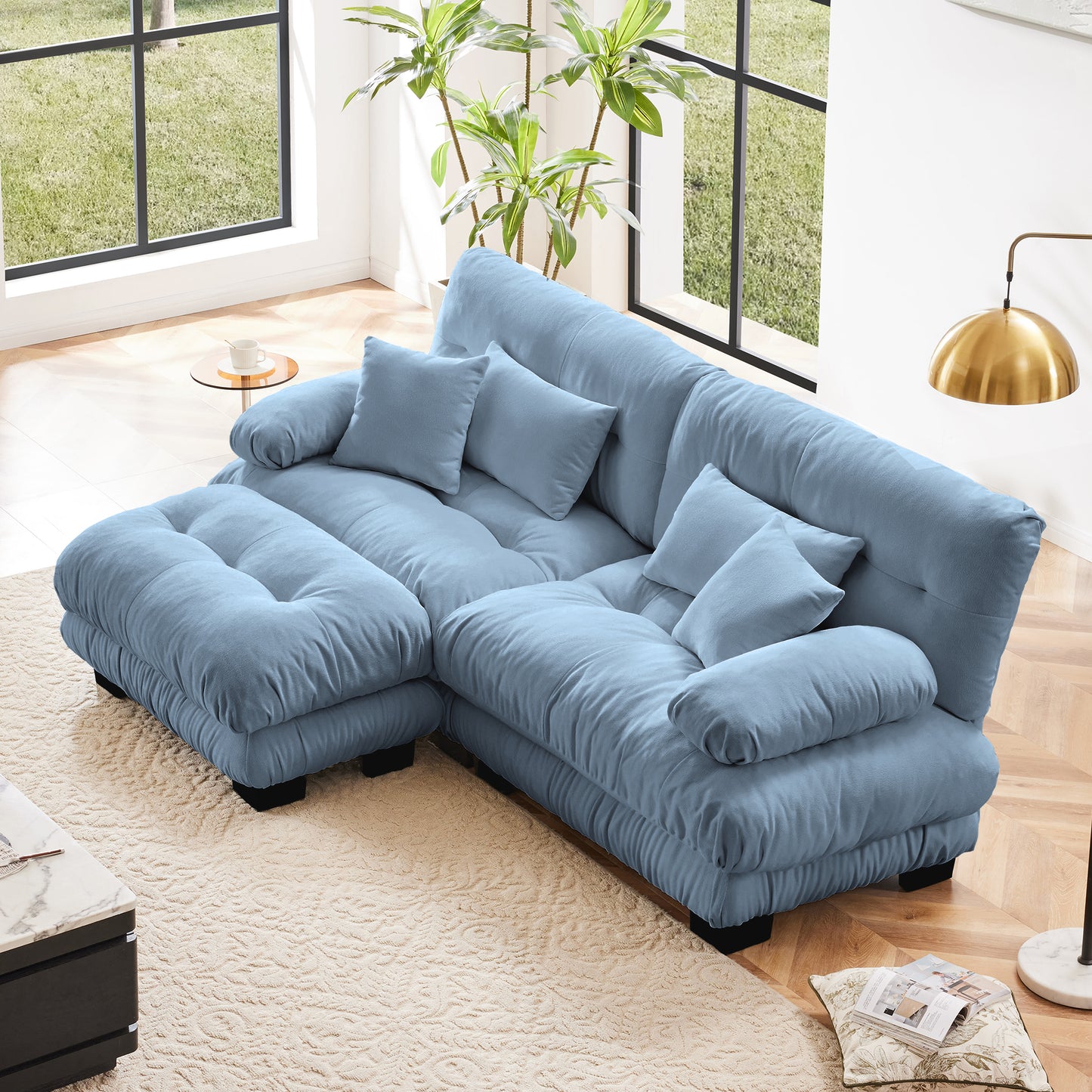 Cloud Couch Sectional Sofa For Living Room, Chenille 2 Seater Sofa With 2 Lumbar Pillows And 2 Throw Pillows , Upholstered Wide Arm Sofa With Convertible Ottoman,Chenille Blue