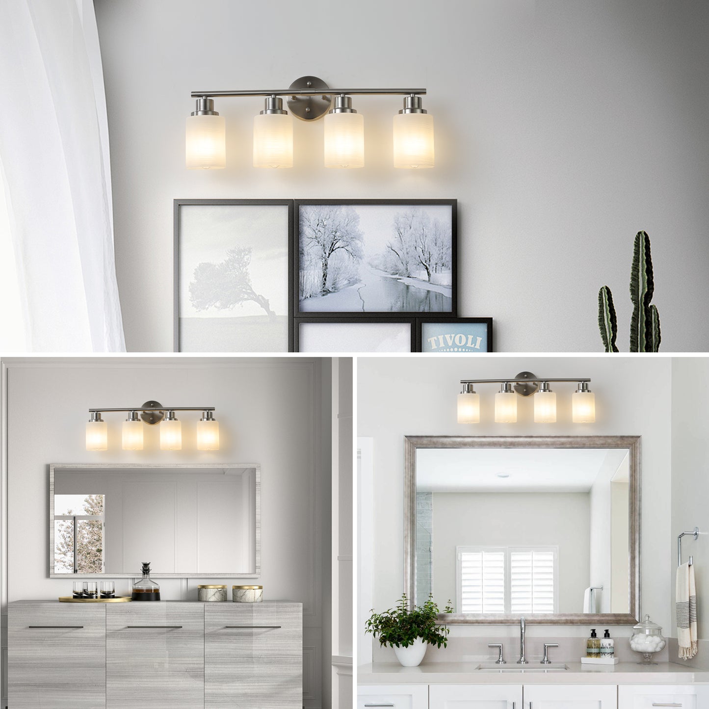 24  Modern 4-Light Vanity Wall Sconce, Brushed Nickel Finish With Frosted Glass Shades For Bathroom Or Hallway Lighting -No Bulbs