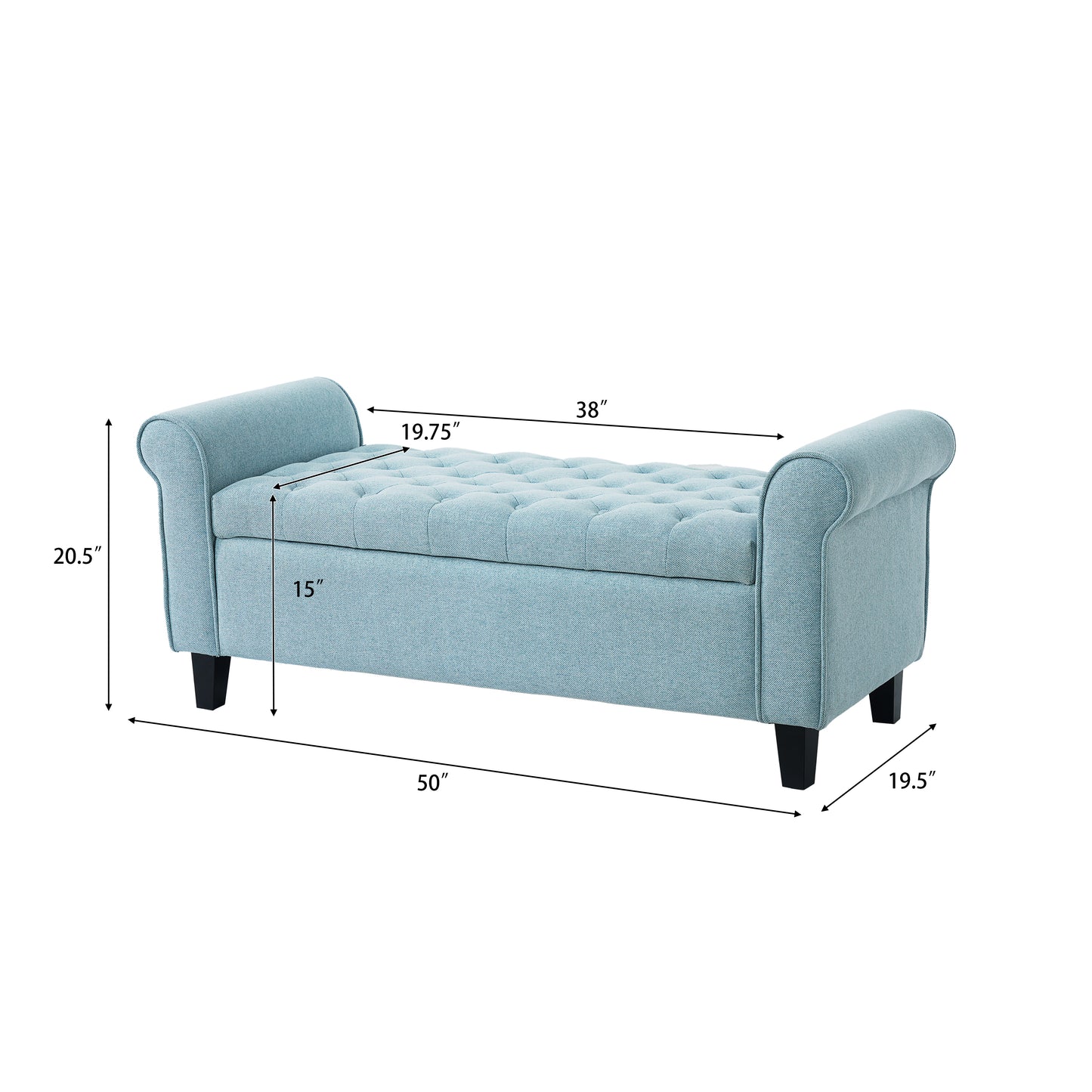 Light Blue Fabric Storage Bench With Rolled Arms, 38  Seat Width,  Black Legs, Button Fabric Design, Living Room Bedroom Entryway Furniture