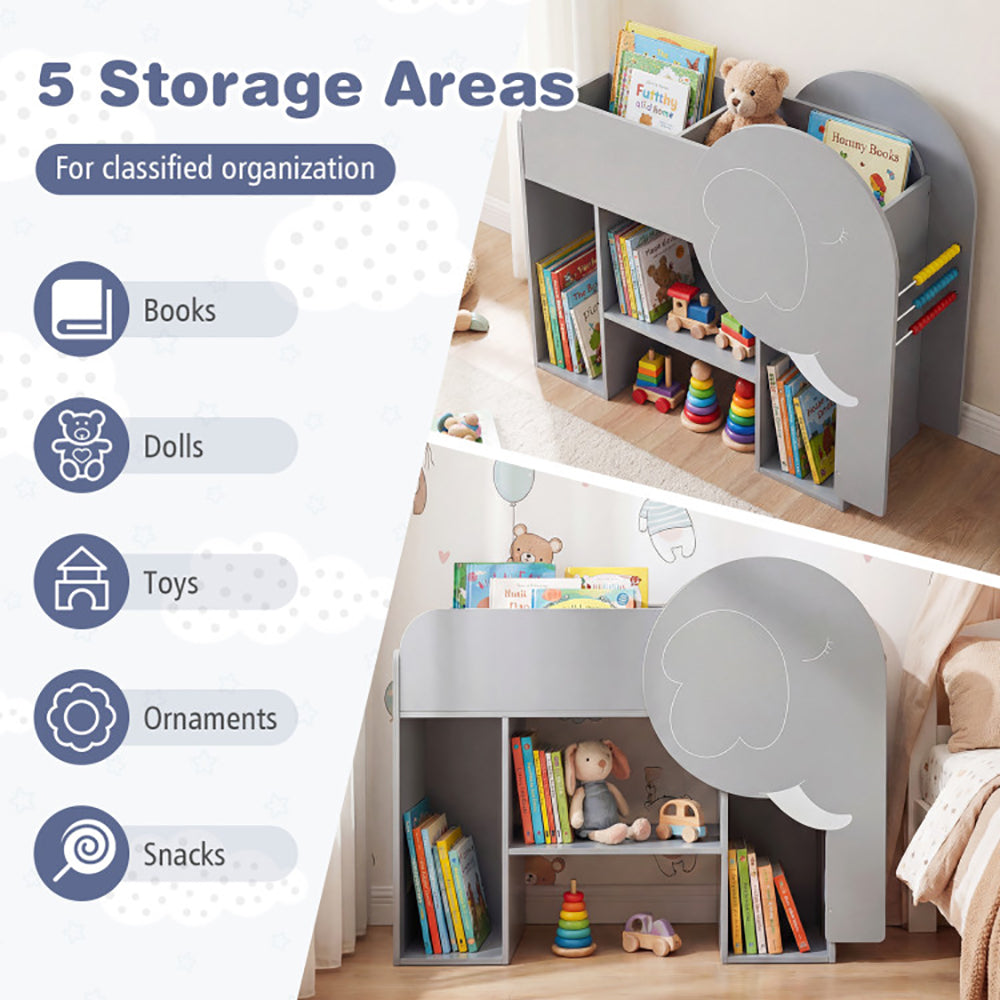 Montessori Bookshelf With Elephant Shape 3-Tier Toddler Toy Storage Organizer  With 3-row Abacus Toy And Chalkboard