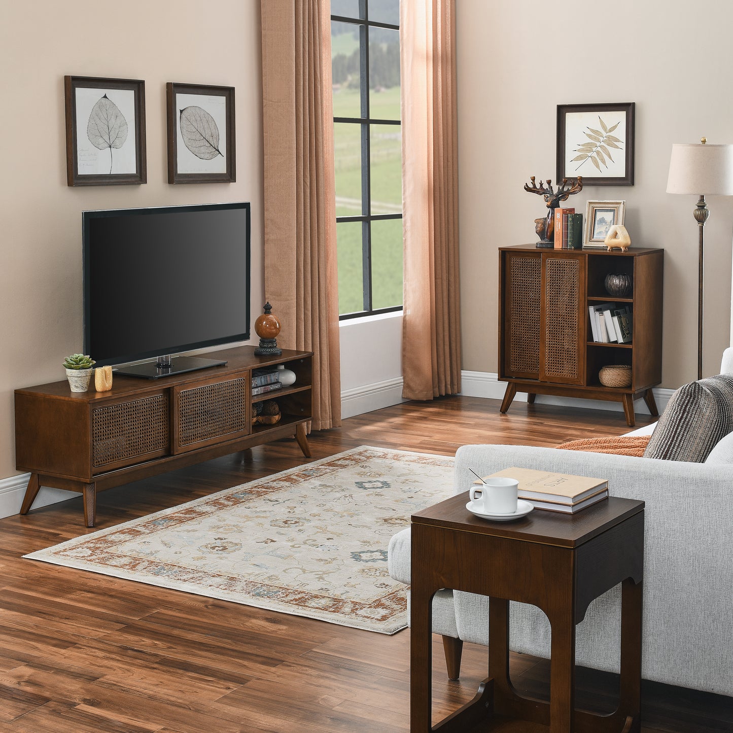 Mid Century Modern Rattan Sideboard Cabinet, Buffet Cabinet For Entryway Hallway Living Room Kitchen Dining Room, Adjustable Shelf & Solid Wood Feet & Rattan Cabinet Doors - Dark Wood