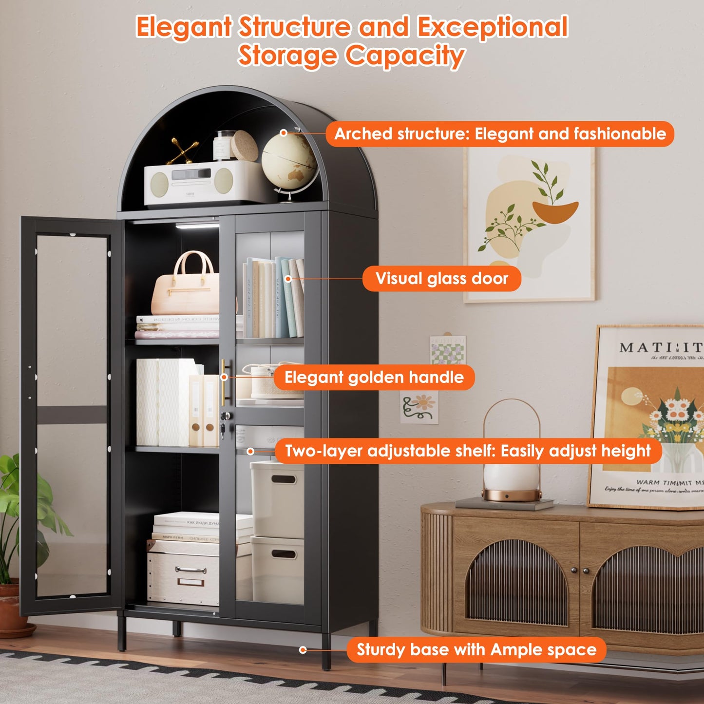 Metal Arched Bookcase Cabinet With 3 LED Strips,Lockable Arched Display Cabinet With Glass Doors For Living Room, Home,Office, Assembly Required Black