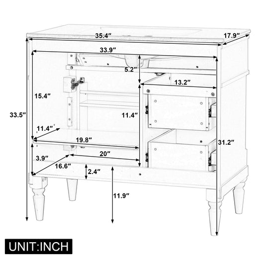 36  Bathroom Vanity With Sink, Freestanding Bathroom Cabinet With Ceramic Basin, Flip Drawer, Adjustable Shelf, Rubberwood Frame & MDF Panels, Metal Handles, White Painted Finish