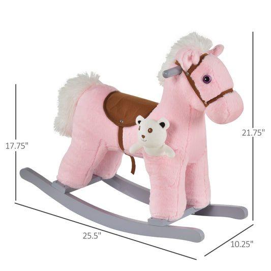 Kids Plush Ride-On Rocking Horse With Bear Toy, Children Chair With Soft Plush Toy & Fun Realistic Sounds, Pink