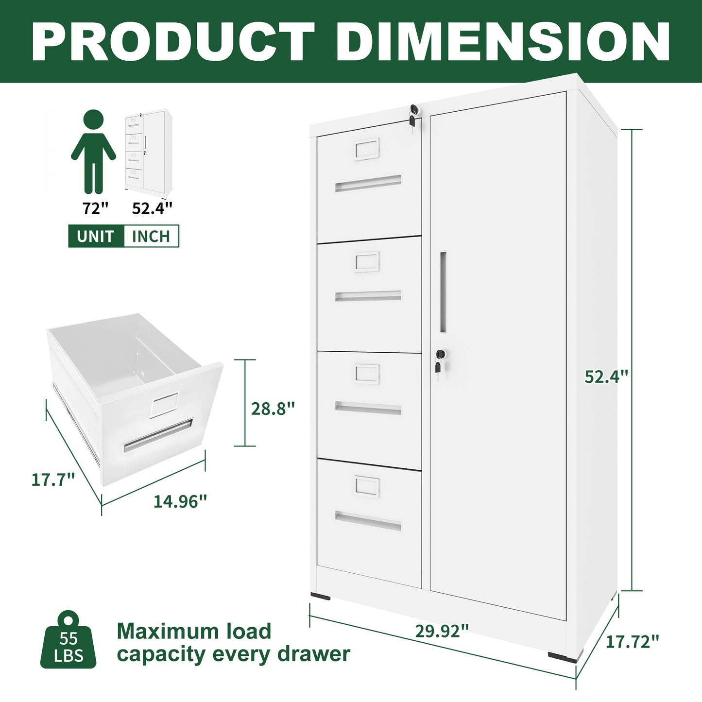 Metal Storage Vertical Filing Cabinet With Lock, Steel File Locker With 4 Drawers And 1 Door For School, Living Room, Bedroom, Office  White