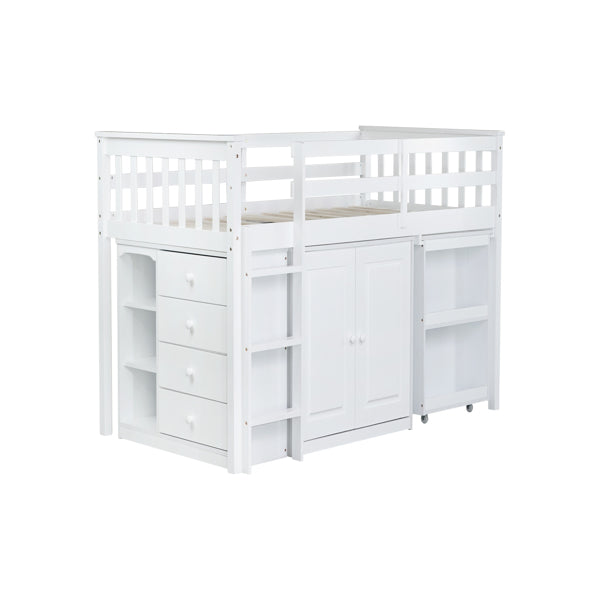 Twin Loft Bed With Storage Cabinet, Drawer And Shelf Cabinet And Pulling-Out Desk, Rubber Wood Loft Bed With Safety Guardrail, Ladder,White