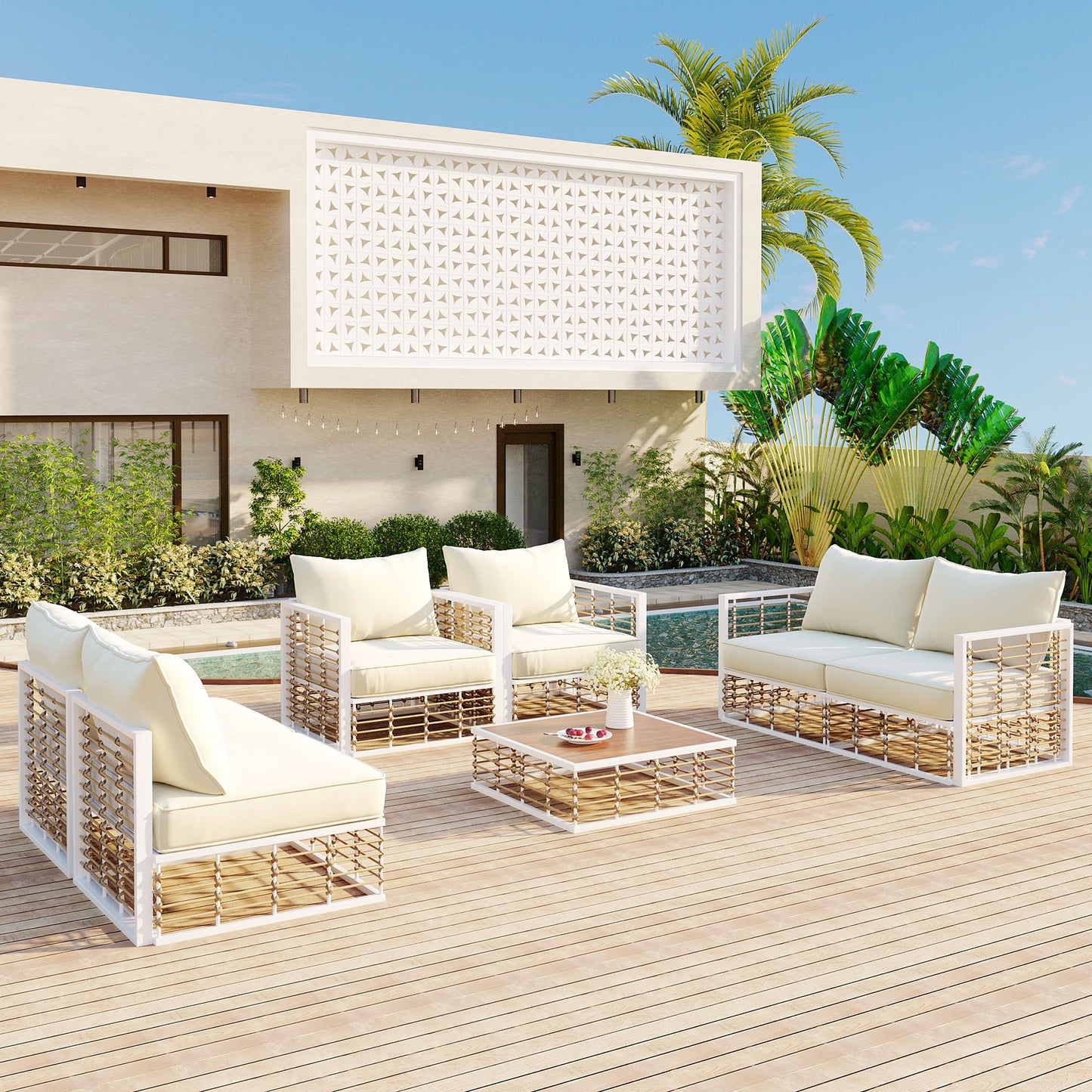 TOPMAX Modern Minimalist 7-Piece Metal Patio Sectional Sofa Set, All-Weather Garden Conversational Furniture Set With Thick Cushions And Coffee Table For Indoor Outdoor, White