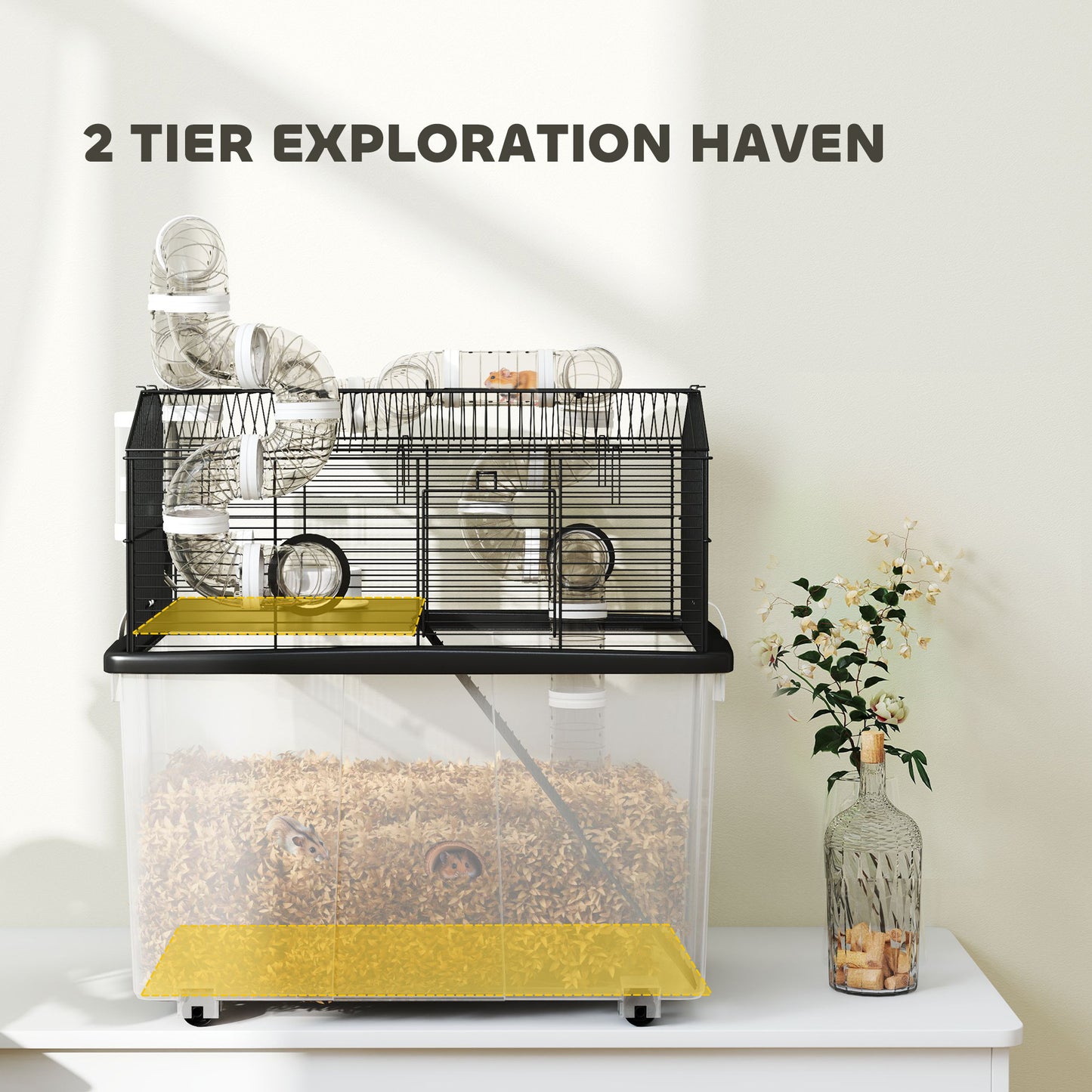 2 Tier Hamster Cage With 12" Deep Tray, Tube System, Water Bottle, Ramp, Feeding Bowl, 23" X 17" X 22", Black