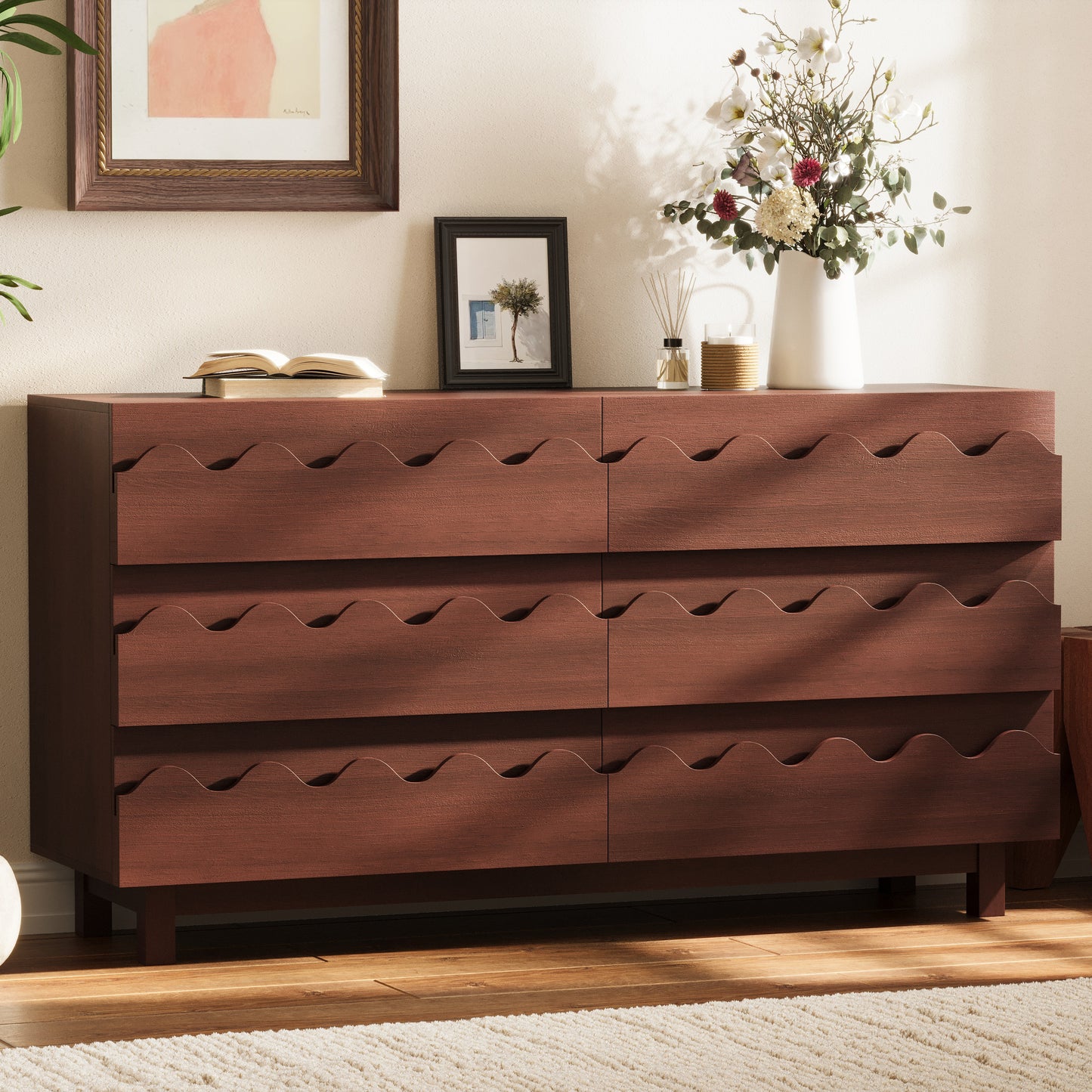 60   Length 6 Drawer Dresser With Wave Front Design, Modern TV Stand & Chest Of Drawers, Anti-Tip Clothes Storage Organizer For Bedroom, Living Room And Nursery, Walnut