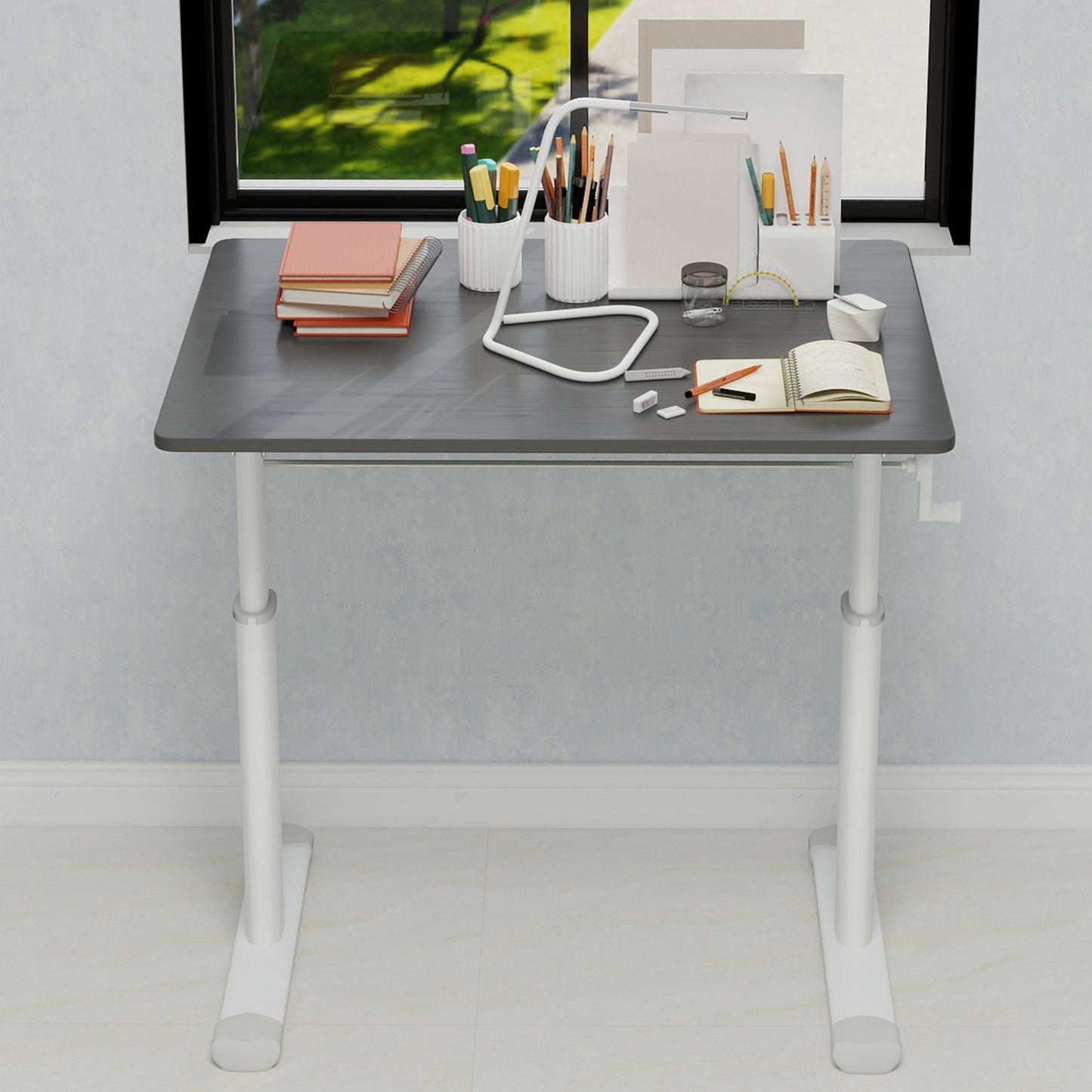 Adjustable Study Desk Suitable For Children And Adults, Height-adjustable, Multi-functional Home Office Desk, Compact Design, Desktop Dimensions 60cm X 80cm, White Frame, Gray Tabletop.