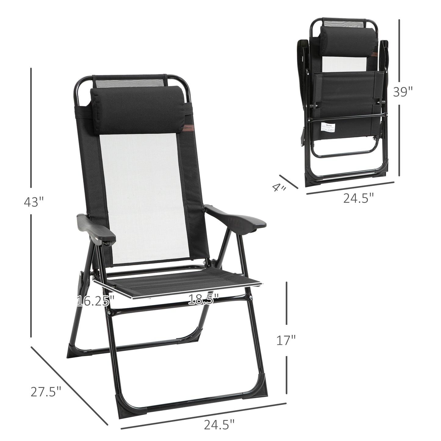 Folding Patio Dining Chairs Set Of 2, Outdoor Deck Chair With Adjustable Sling Back, Camping Chair With Removable Headrest For Garden, Backyard, Lawn, Black