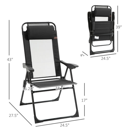Folding Patio Dining Chairs Set Of 2, Outdoor Deck Chair With Adjustable Sling Back, Camping Chair With Removable Headrest For Garden, Backyard, Lawn, Black