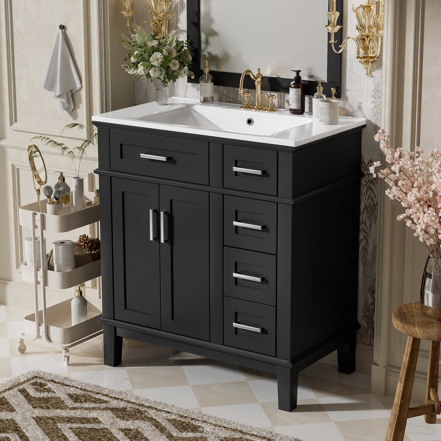 30  Bathroom Vanity With Ceramic Sink, Modern Storage Cabinet With Soft-Close Doors, Deep Drawer & Standard Drawer, Stylish Bath Vanity For Small Bathrooms