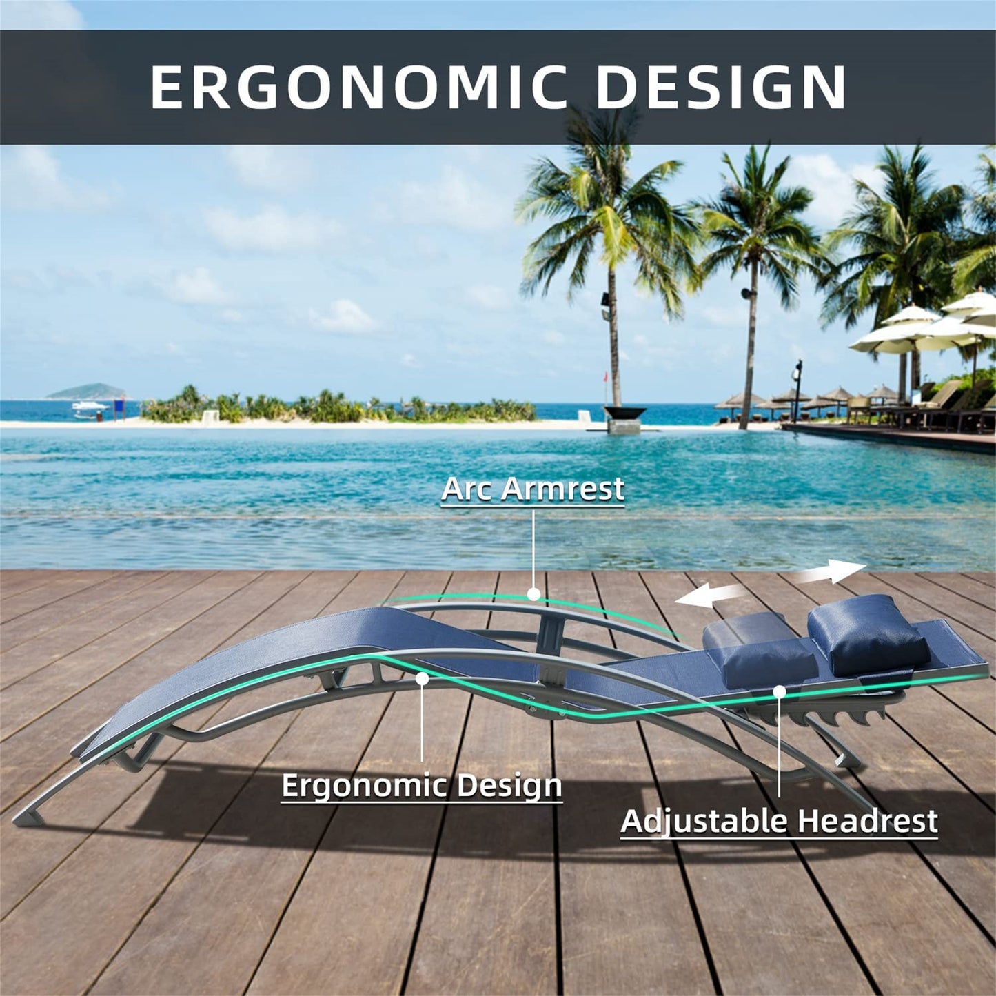 Pool Lounge Chairs Set Of 3, Adjustable Aluminum Outdoor Chaise Lounge Chairs With Metal Side Table, All Weather For Deck Lawn Poolside   Blue, 2 Lounge Chirs 1 Table