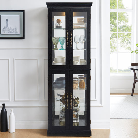 Elegant Lighted Glass Curio Display Cabinet - Wooden Frame Storage For Living Room, Kitchen & Pantry - Includes Light Bulb - Ideal For Wine, Toys & Collectibles - Black