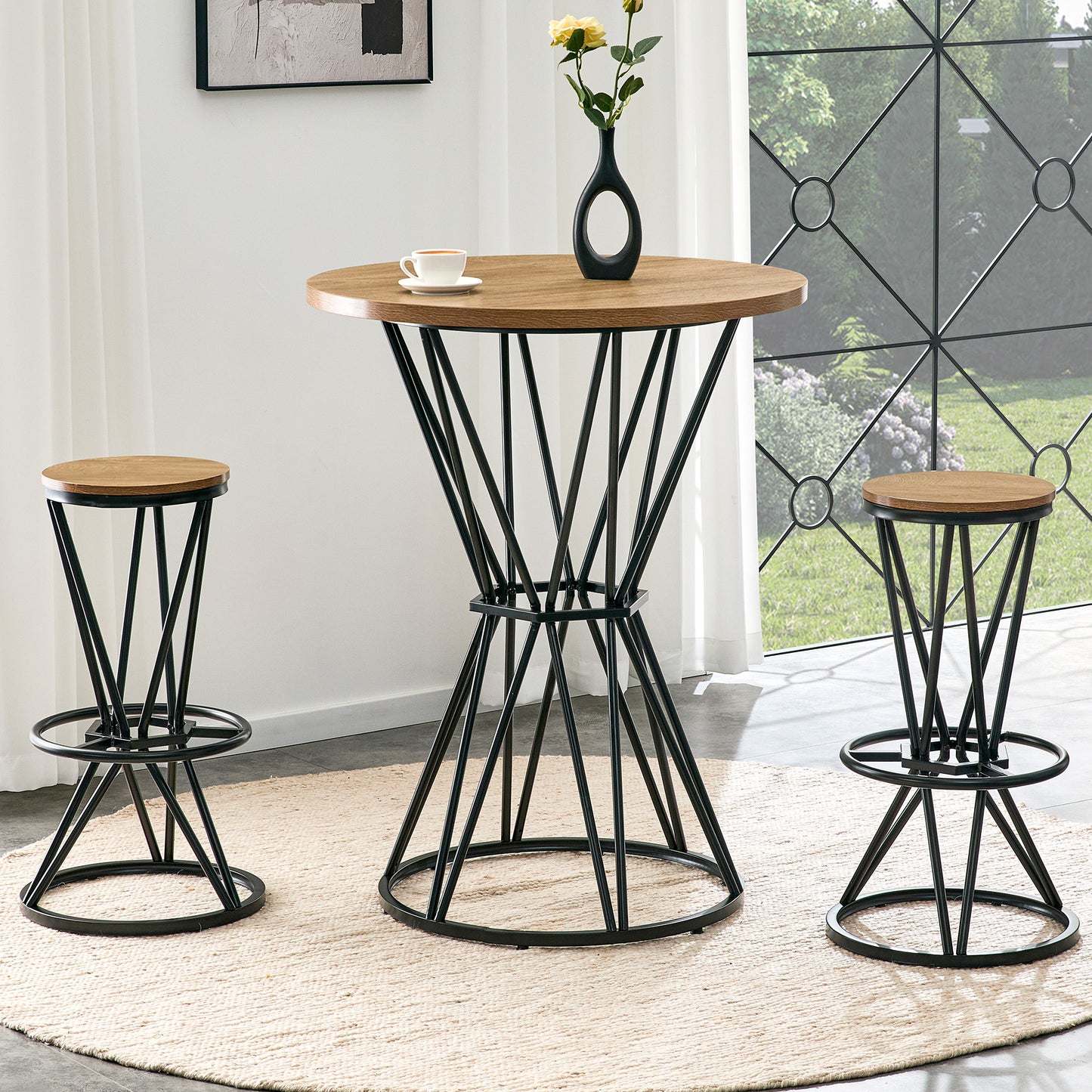 Single Package Bar, Table, Chair Set.31.5-inch Wood Grain MDF Tabletop With Black Metal Frame, Industrial Style Bar Counter Combination,suitable For Kitchen Island Countertops,seating 2 People.