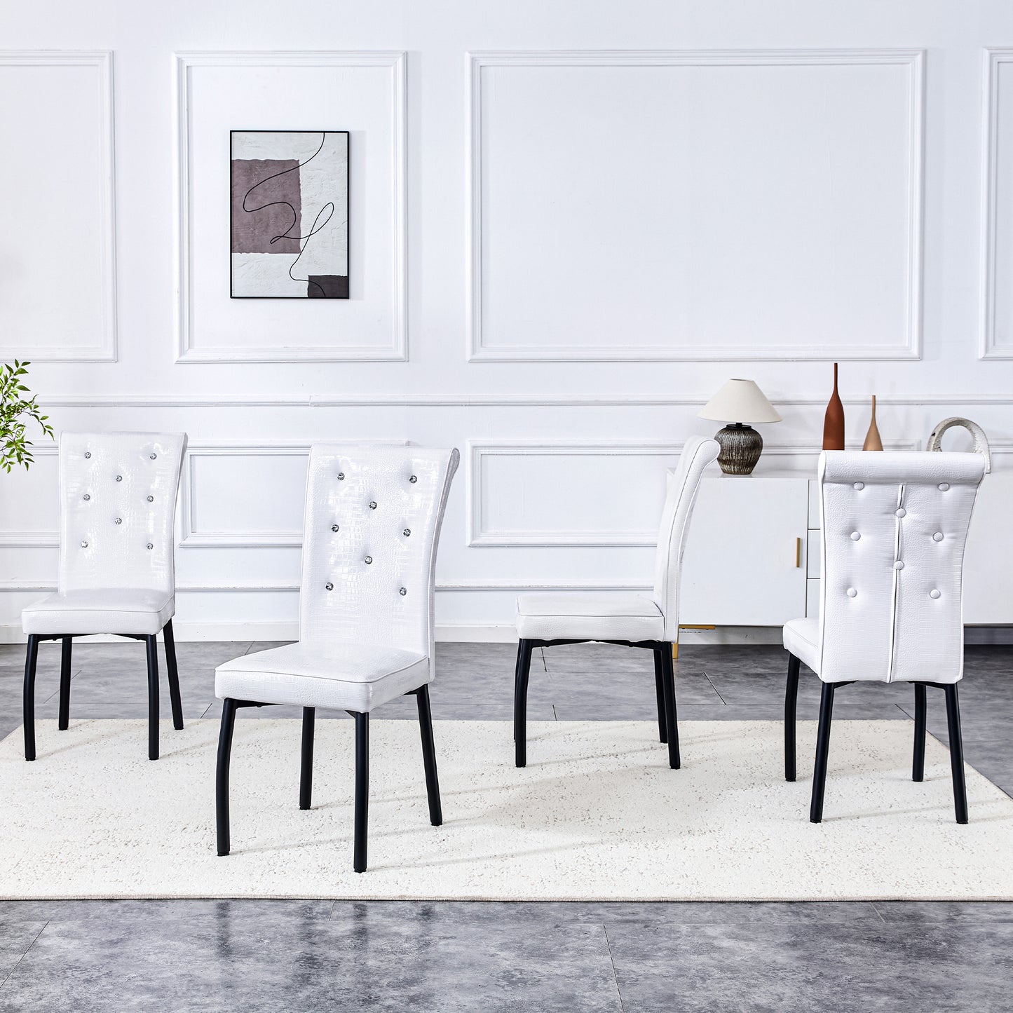 A Set Of 4 White And Black Vintage Crocodile Leather Cushioned Dining Chairs, Featuring Crystal Clasp Design And Artificial Leather Design, Adding A Touch Of Elegance And Mystery To The Dining Area
