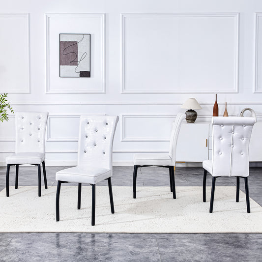 A Set Of 4 White And Black Vintage Crocodile Leather Cushioned Dining Chairs, Featuring Crystal Clasp Design And Artificial Leather Design, Adding A Touch Of Elegance And Mystery To The Dining Area