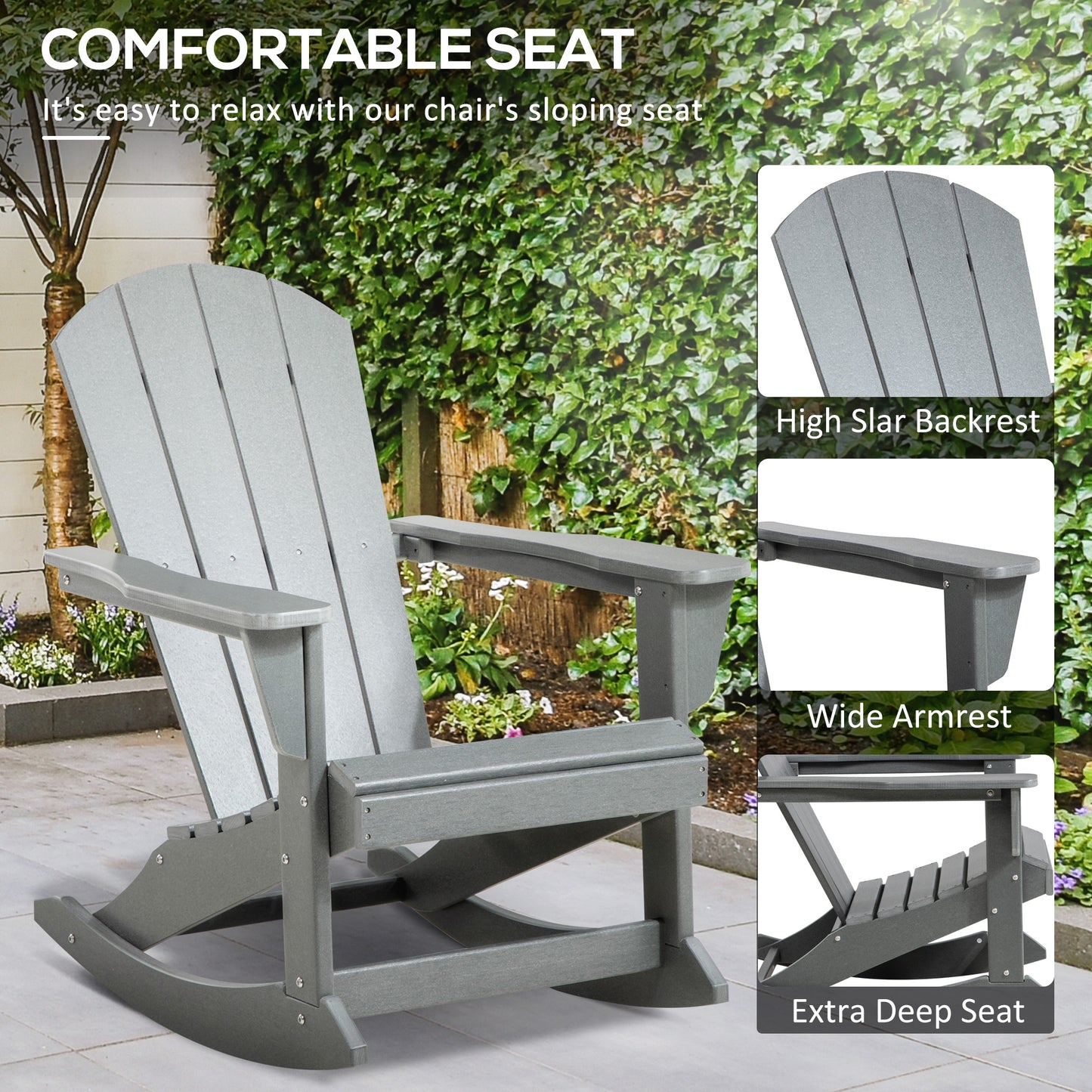 Outdoor Rocking Chair, HDPE Adirondack Porch Rocker Chair For Garden, Patio, Light Gray