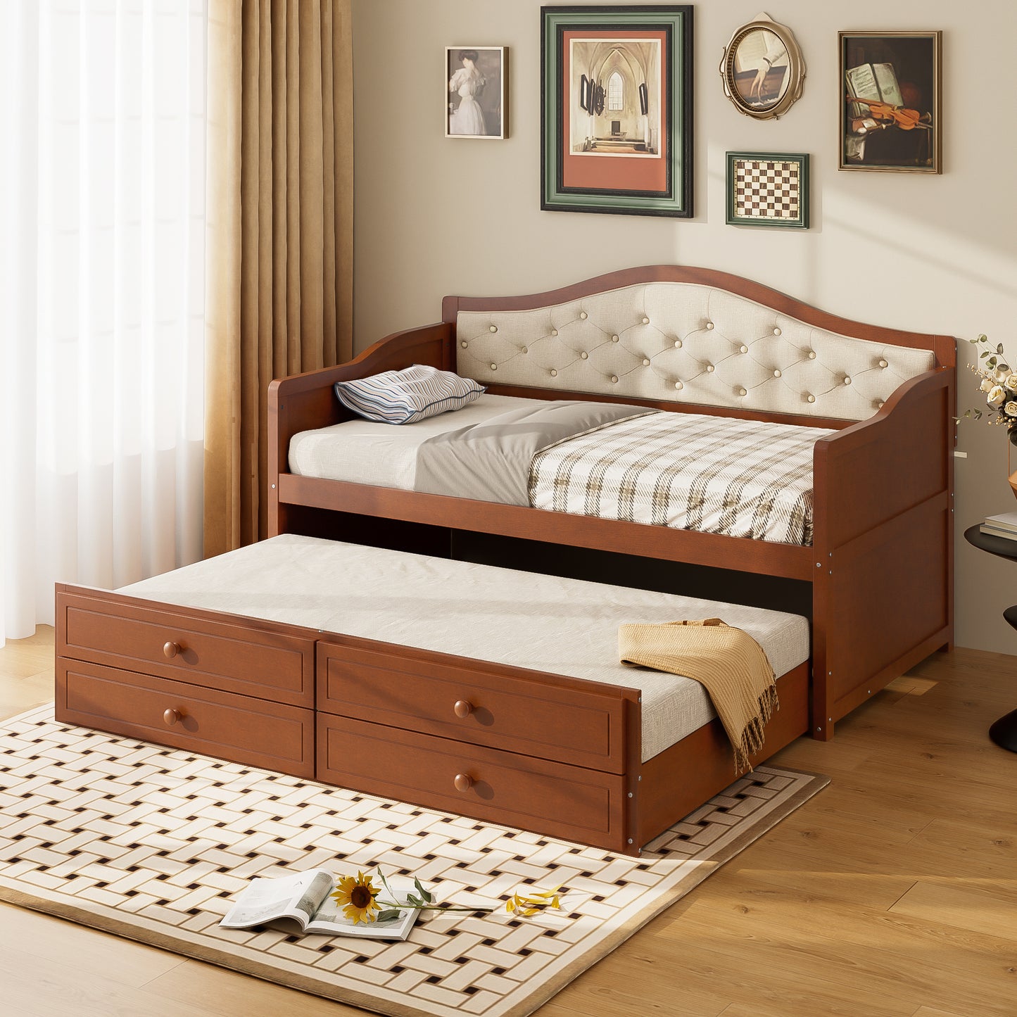 Twin Daybed With Trundle, Twin Size Daybed With 2 Storage Drawers, Wooden Sofa Bed With Upholstered Button Tufted Backrest For Living Room, Bedroom, Guest Room,Walnut