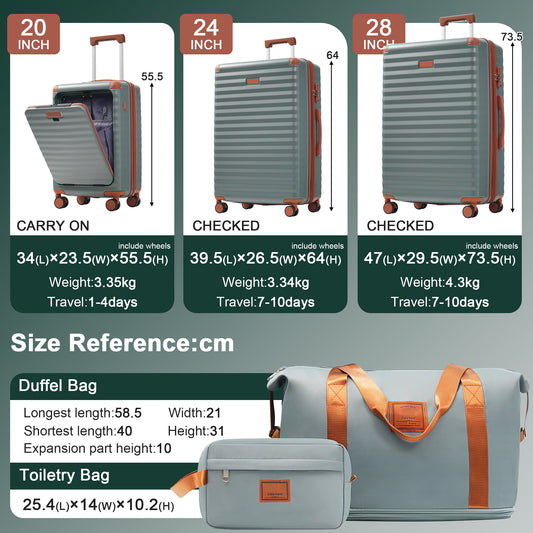 Luggage Sets 5 Piece With Front Opening , Hardside Expandable Carry On Suitcase With Spinner Wheels TSA Lock USB Port  Cup Holder Duffel Bag And Toiletry Bag