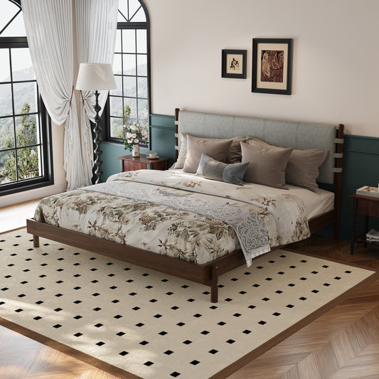 Premium Rubber Wood Platform Bed Frame, King Bed Frame With Headboard Included, Mid Century Modern Bed With Walnut Light Grey Color