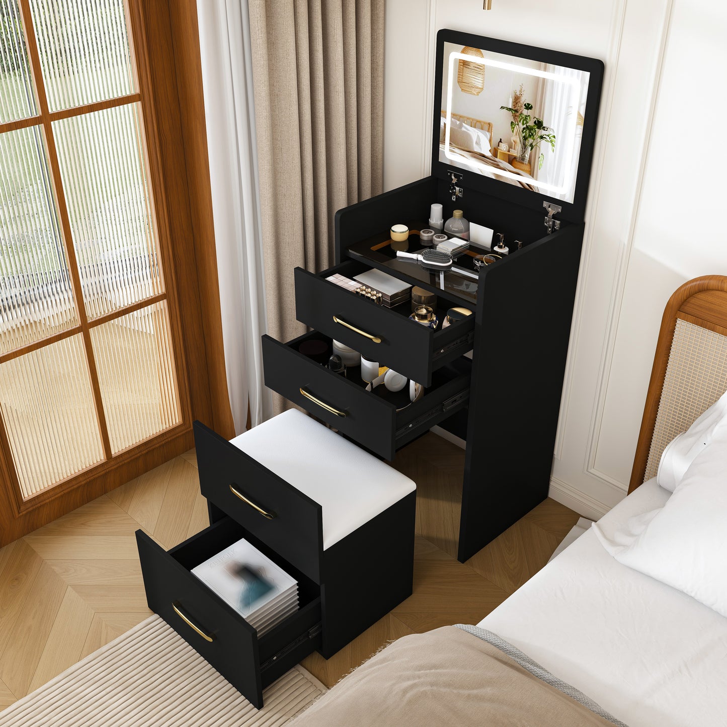 3 In 1 Vanity Desk With Open Top Mirror,Small Make Up Vanity Set With Visible Glass Desktop,Compact Makeup Vanity With 3 Drawers,Dressing Table For Bedroom  Black