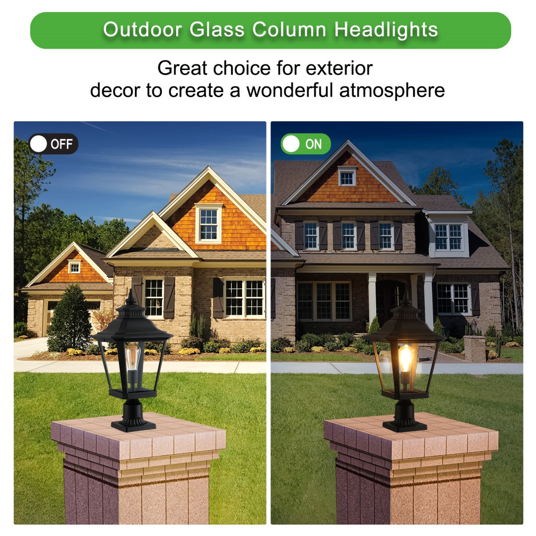 21in H 1-Pack Outdoor Post Lantern Light -Vintage Black Metal & Clear Glass Pillar Lamp For Garden, Gate, Driveway, And Pathway Lighting With Elegant Design  Bulb Not Included