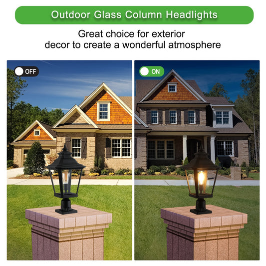 21in H 1-Pack Outdoor Post Lantern Light -Vintage Black Metal & Clear Glass Pillar Lamp For Garden, Gate, Driveway, And Pathway Lighting With Elegant Design  Bulb Not Included