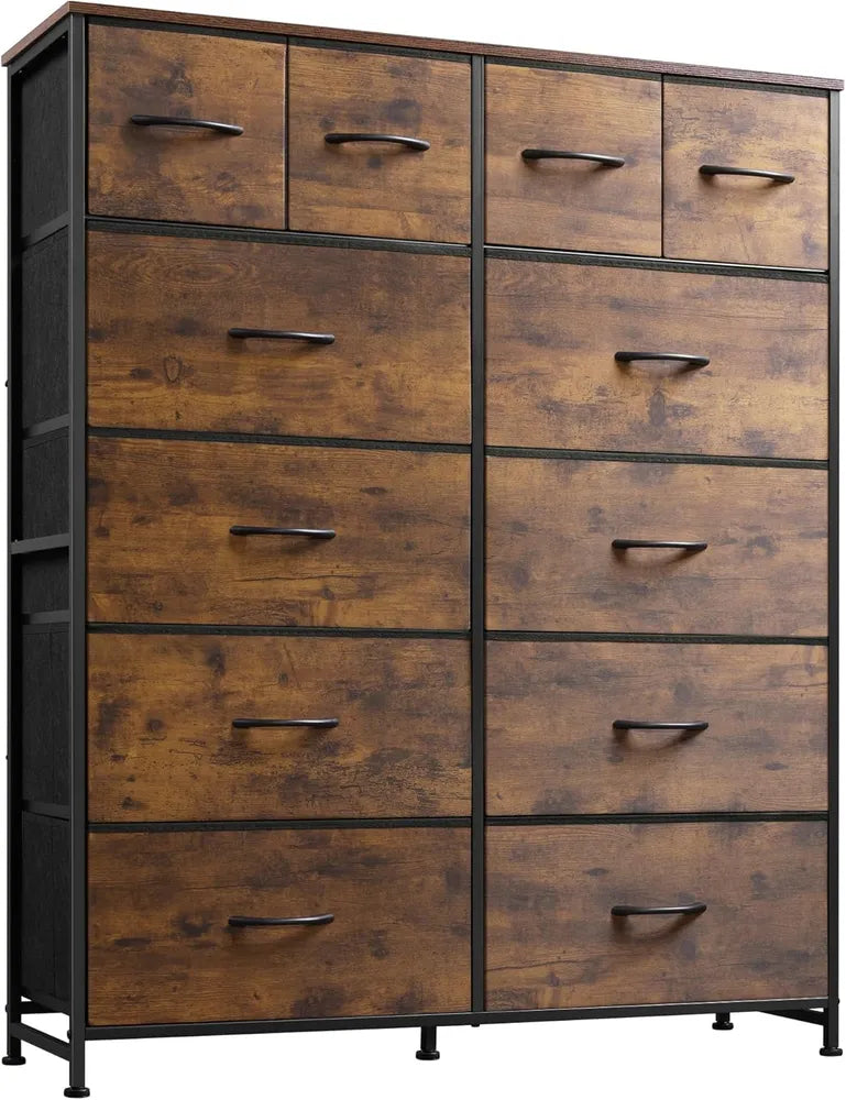 Tall Dresser For Bedroom With 12 Drawers, Dressers & Chests Of Drawers, Fabric Dresser For Closet, Living Room, Storage Dressers With Storage Drawers, Steel Frame, Wood Top