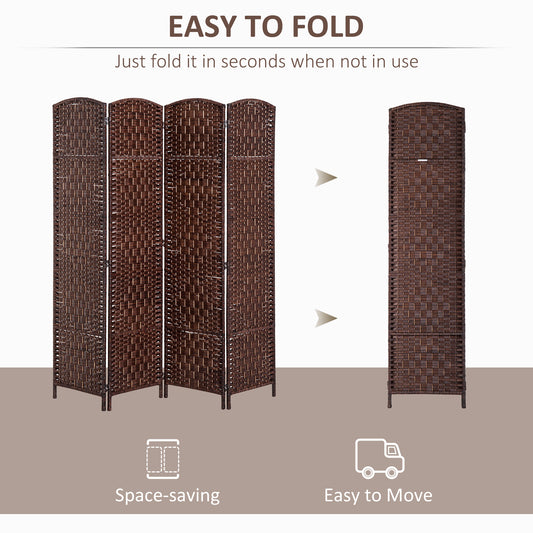 Room Divider, 4 Panel Folding Privacy Screen, 6FT Tall Portable Wicker Weave Partition Wall Divider For Bedroom, Home Office, Brown