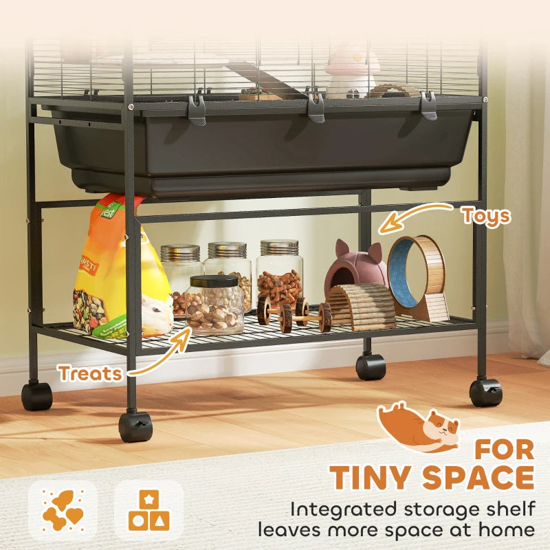 PawHut 5 Tier Hamster Cage, Rolling Rat Cage With Deep Tray, Storage Shelf, Big Exercise Wheel, Hut, Tube System