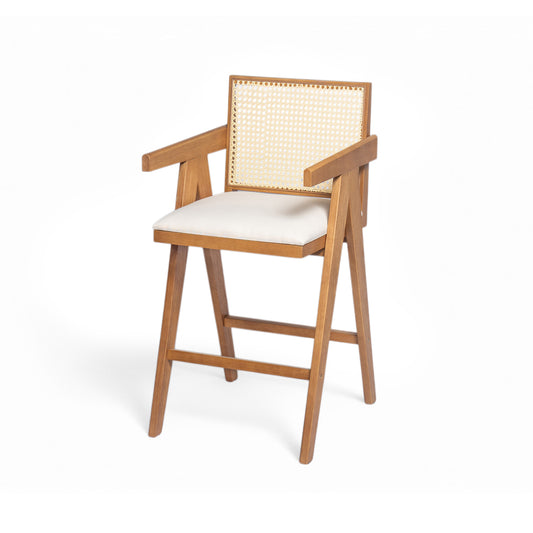 27 Height, Cream Woven Cane Plastic Backrest Bar Stool - Foam-Padded Fabric Seat & Durable Rubberwood Frame