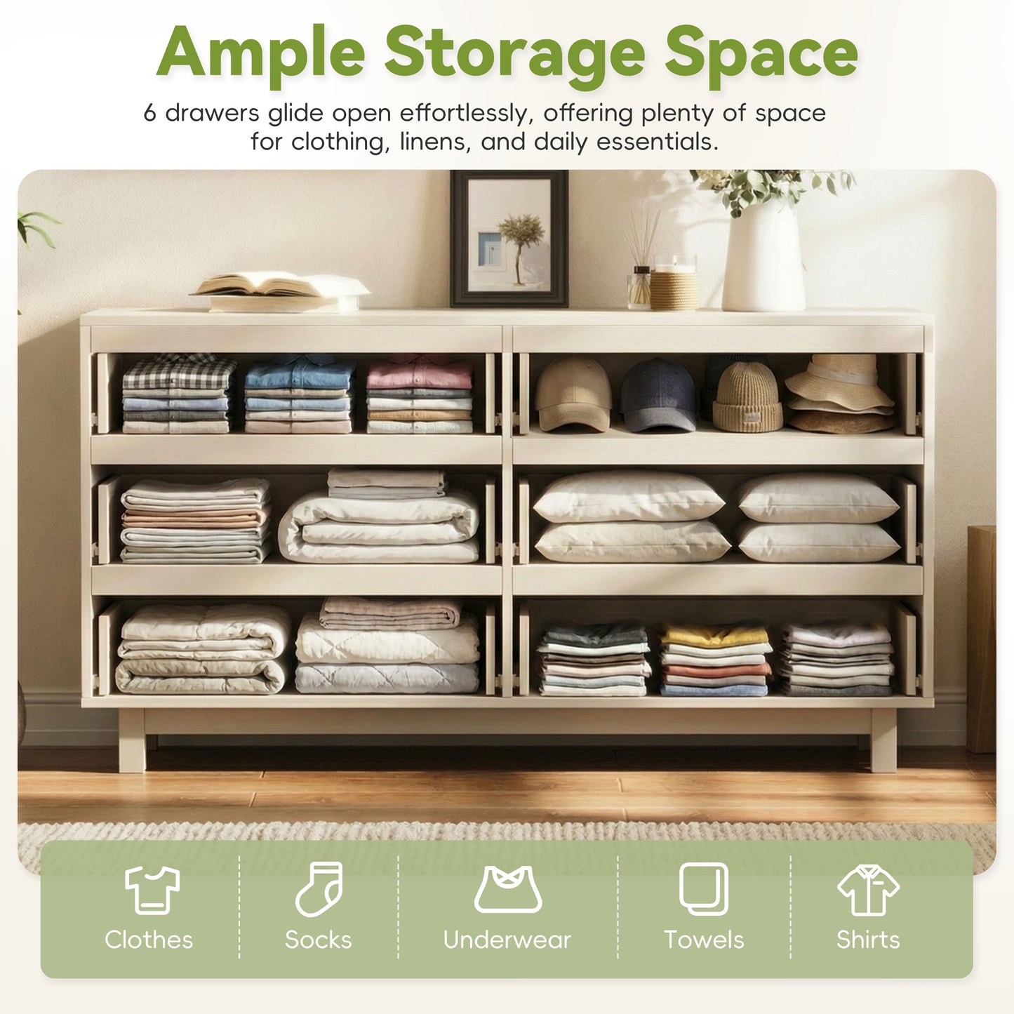 60  Length 6 Drawer Dresser With Wave Front Design, Modern TV Stand & Chest Of Drawers, Anti-Tip Clothes Storage Organizer For Bedroom, Living Room And Nursery, Ivory