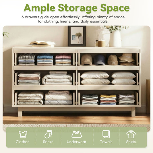 60  Length 6 Drawer Dresser With Wave Front Design, Modern TV Stand & Chest Of Drawers, Anti-Tip Clothes Storage Organizer For Bedroom, Living Room And Nursery, Ivory
