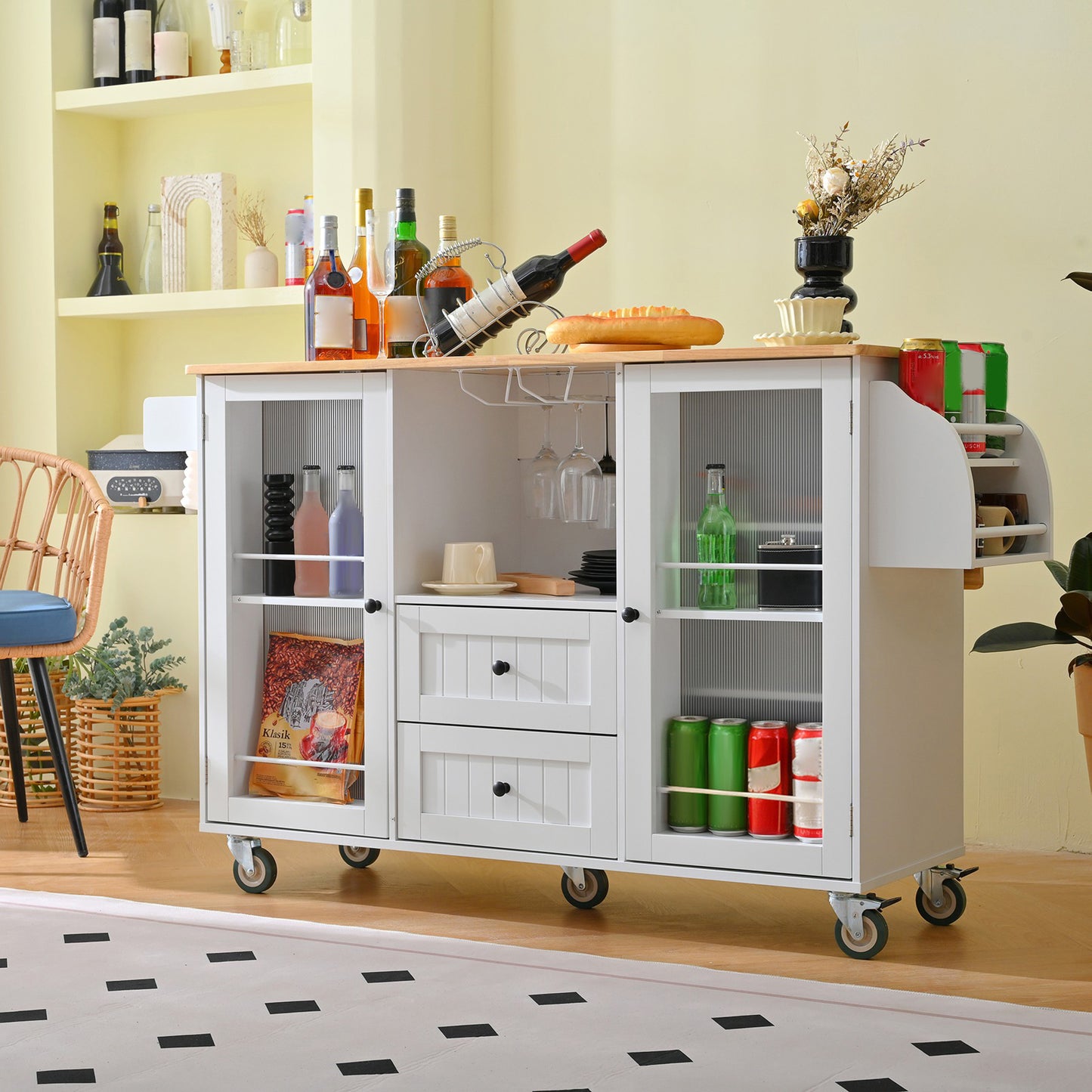 Kitchen Island Cart Rolling On Wheels With 13 Storage Areas Drop Leaf Bar Countertop Side Open Condiment Rack Tower Rack Extra Storage Table Modern White