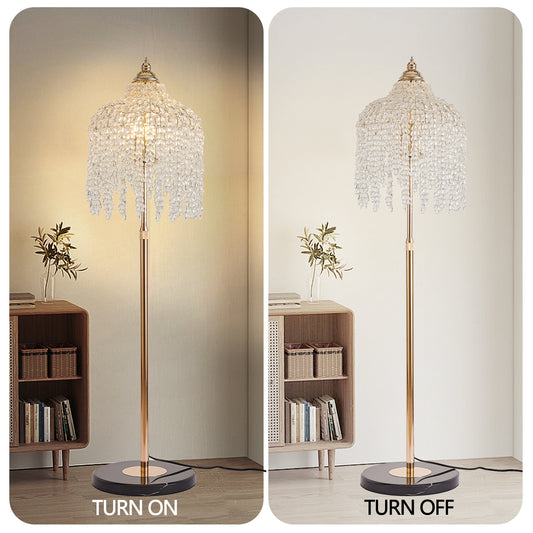 3 Light Elegant Crystal Floor Lamp  Vintage Waterfall Design With Grape-Shaped Crystal Bead Strings And Marble Texture Base For Living Room, Bedroom, Or Office  Bulb Not Included