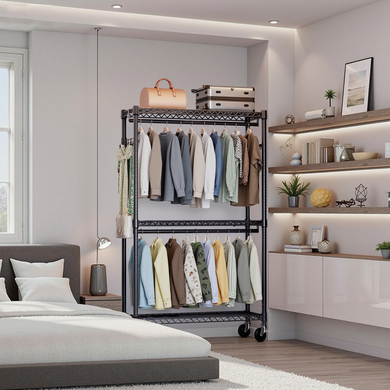 Heavy Duty Rolling Garment Rack 3 Tiers Adjustable Wire Shelving Clothes Rack With 2 Rods And Side Hooks,Storage Closet Clothing Rack With Wheels Black 15.7  D X 45.3  W X 79.6  H