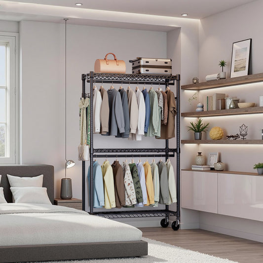 Heavy Duty Rolling Garment Rack 3 Tiers Adjustable Wire Shelving Clothes Rack With 2 Rods And Side Hooks,Storage Closet Clothing Rack With Wheels Black 15.7  D X 45.3  W X 79.6  H