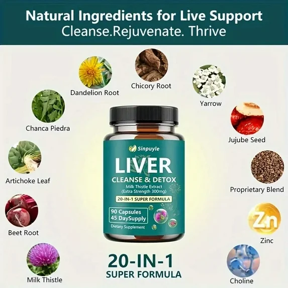 Liver Support Supplement 20-in-1 Detox Formula - Extra Strength Milk Thistle 300mg, 90 Capsules