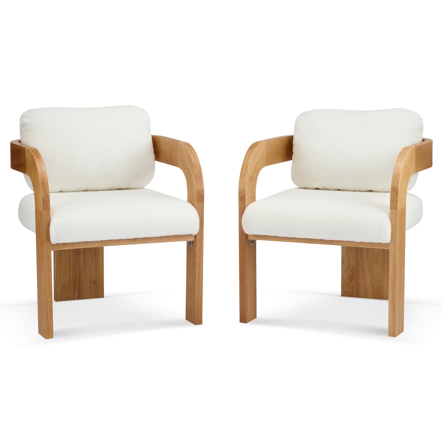 2-Pack Dining Chairs With Pillow Back, White Boucle Fabric, Natural Color Solid Wood Frame