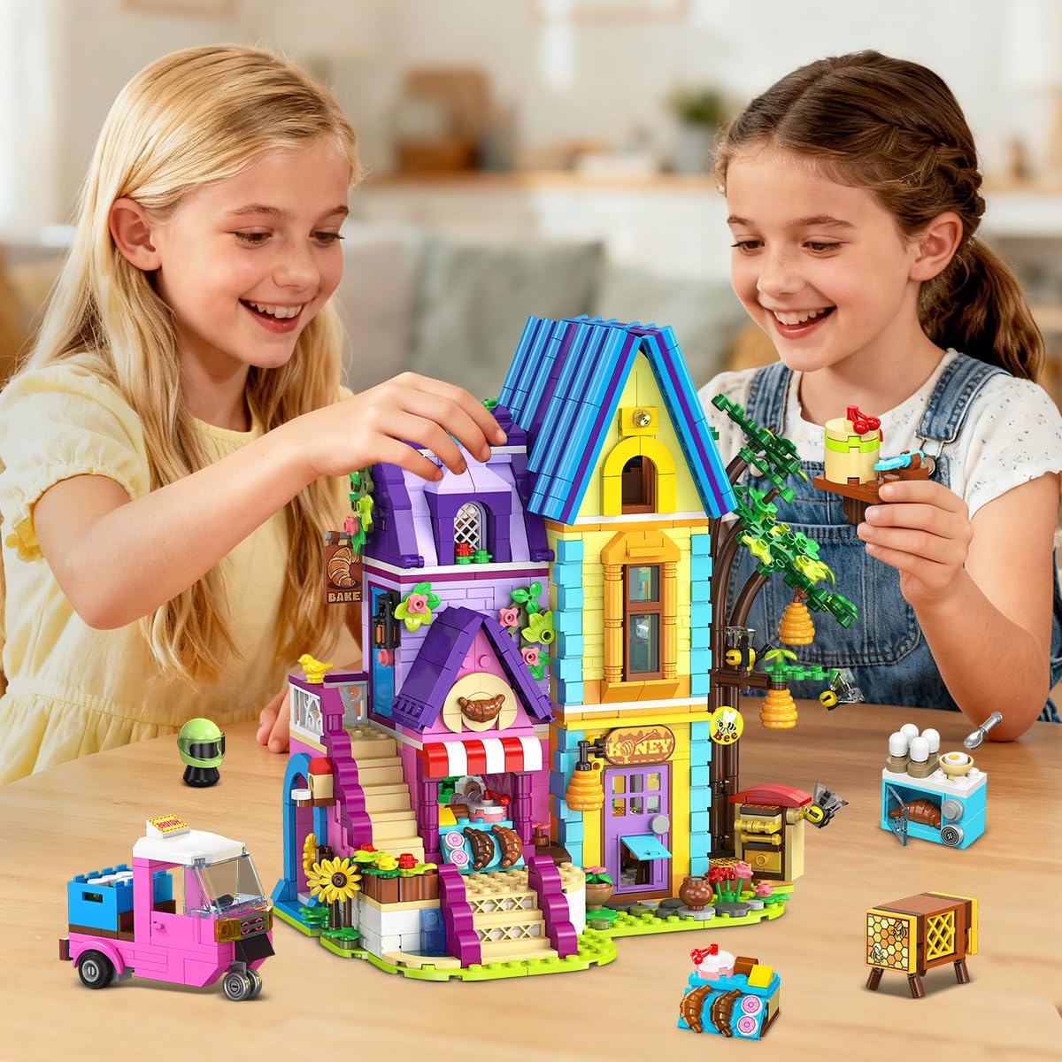 HOGOKIDS Beekeeping & Bakery House Building Toy With LED Light - 1084PCS Friends Girls Baking Building Set With Honey Workshop, Pretend Play Birthday For Kid Girls Boys