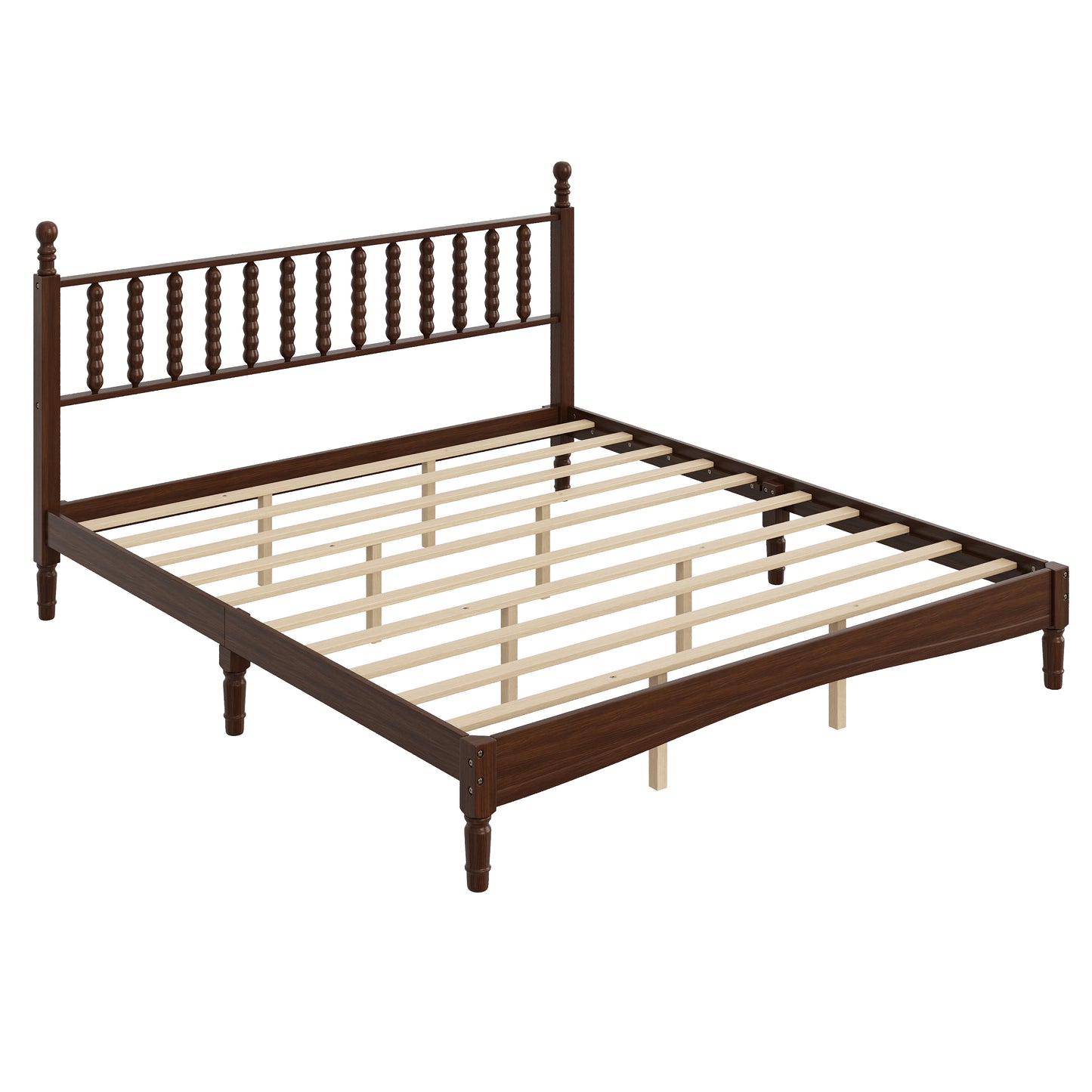 King Size Wood Platform Bed With Gourd Shaped Headboard,Retro Style Platform Bed With Wooden Slat Support,Walnut