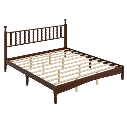 King Size Wood Platform Bed With Gourd Shaped Headboard,Retro Style Platform Bed With Wooden Slat Support,Walnut