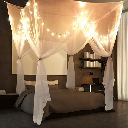 Bed Canopy Curtains 4 Doors Square Polyester Bed Net Bedroom Decoration Easy Installation For Queen/King Size With Storage Bag 190*210*240cm White