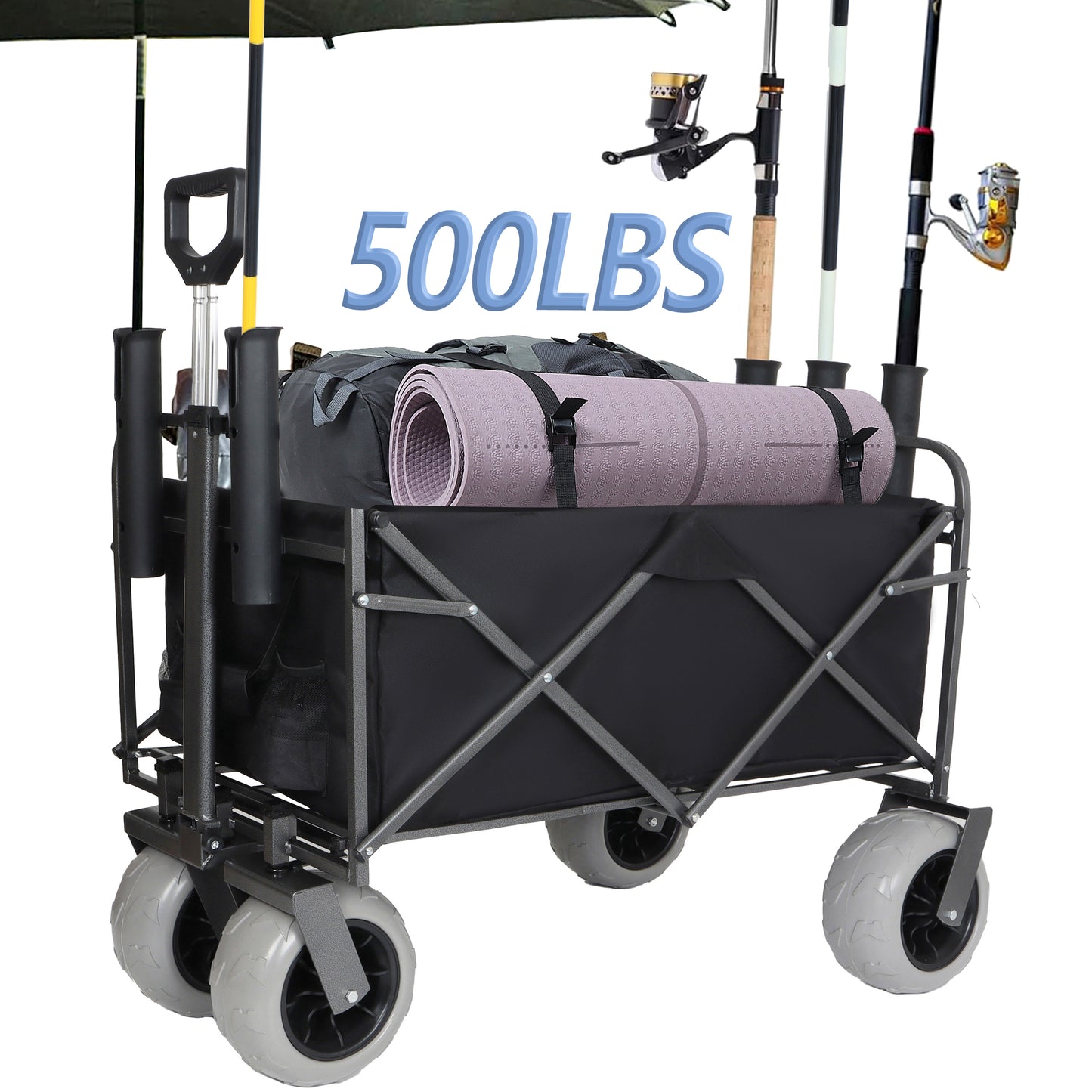 Fishing Cart With Rod Holders Beach Wagon With Big Wheels For Sand 500lbs Capacity -  All Terrain Steel Frame Utility Cart With 9  Pneumatic Tires Strap With Multiuse Bag Black