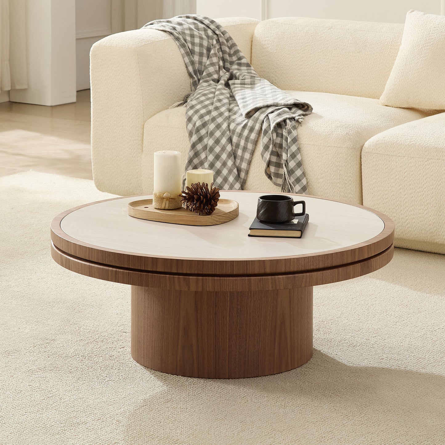35.43 Inch Coffee Table Sintered Stone Tabletop With Sturdy MDF Pedestal For Living Room Apartment Bedroom, Reception Room WALNUT Easy Assembly
