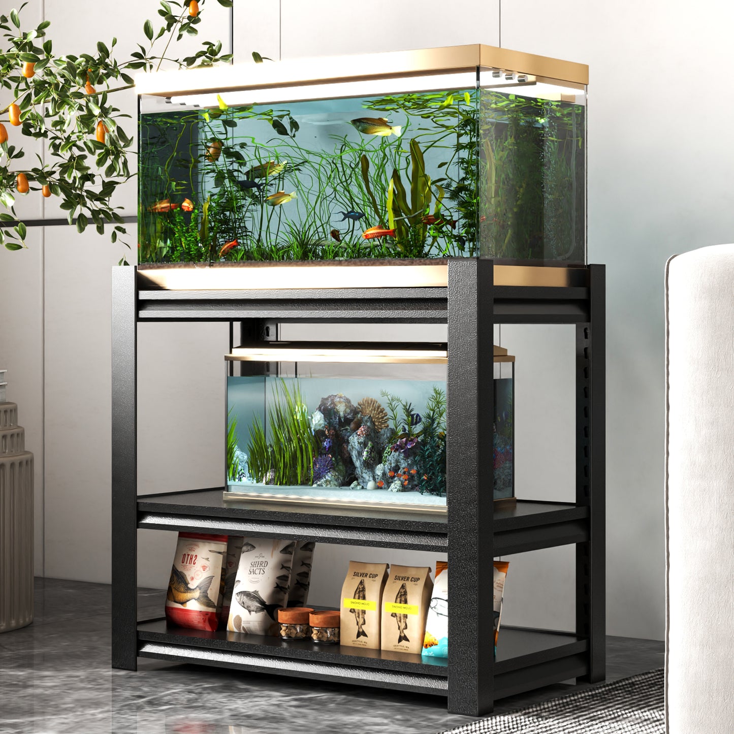20-30 Gallon Fish Tank Stand - Metal Aquarium Stand, 34 W X 18 D X 31H Adjustable Heavy Duty Reptile Tank Stand, Adjustable 3-Tier Fish Tank Rack Shelf For Home Office, Tank Not Included